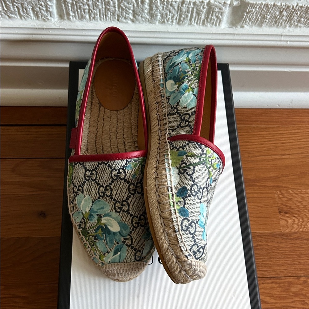 Gucci Blooms Supreme blue floral  Espadrilles red leather trim - Picture 12 of 12
